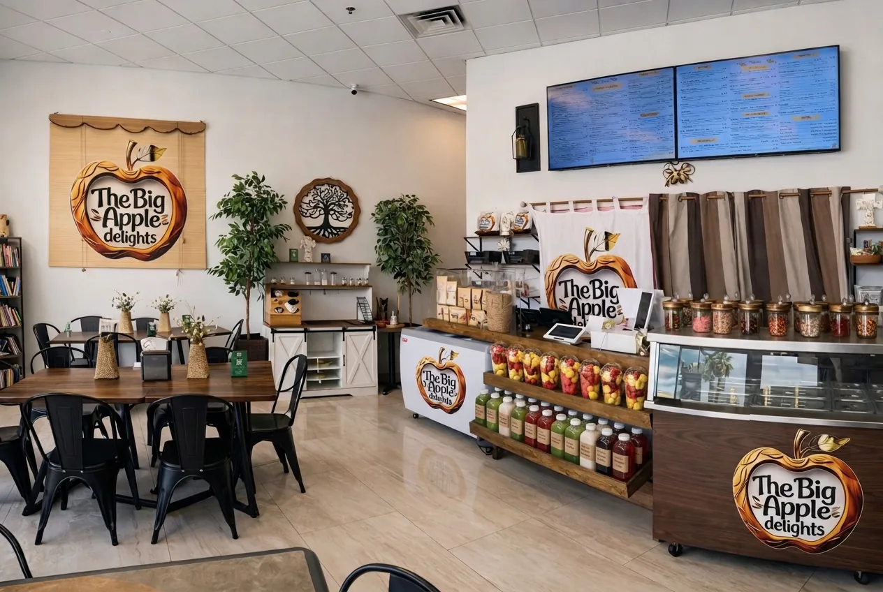 Inside Big Apple Delights: bright dining room with wooden tables, a display of fresh fruit cups and bottled aguas frescas, and the counter under the menu screens