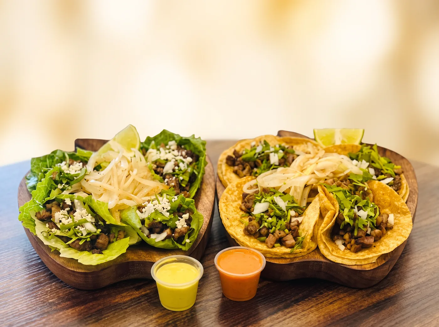 Signature Mini Tacos: four double-layered corn tortilla tacos and lettuce wrap mini tacos on apple-shaped wooden boards with grilled onion, salsa cups and a lemon wedge